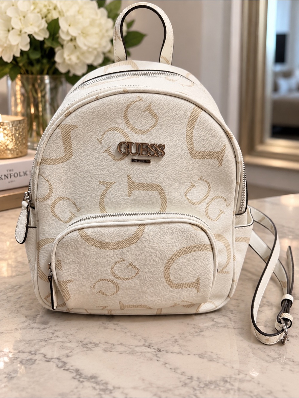 GUESS Cream and Tan Logo Mini Backpack